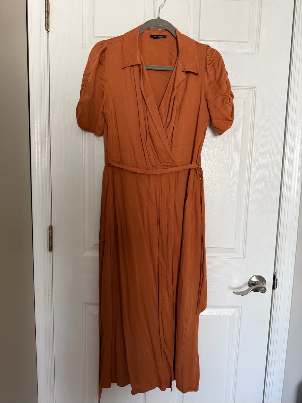 Trendyol Rust Orange Wrap Midi Dress with Puff Sleeves
